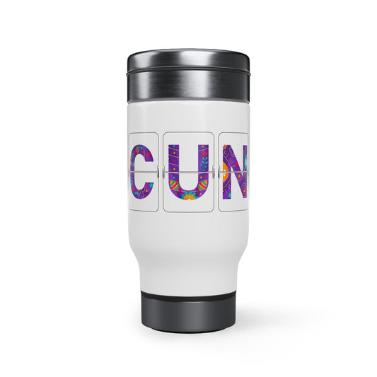 CUN - Cancun Three-Letter Code - Stainless Steel Travel Mug with Handle, 14oz
